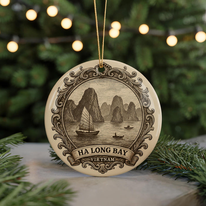A decorative ornament featuring a sailing boat and mountains, with the text "HA LONG BAY VIRTHAM" around the edge.