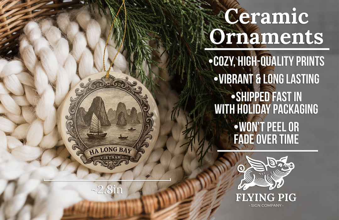 Ceramic ornaments, specifically a ceramic ornament with a design of Ha Long Bay in Vietnam, are displayed in a wicker basket.