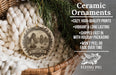 Ceramic ornaments, specifically a ceramic ornament with a design of Ha Long Bay in Vietnam, are displayed in a wicker basket.