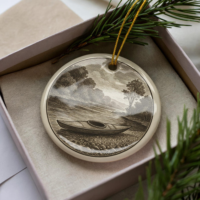 A decorative ornament in a box, featuring a black and white illustration of a canoe on a river, surrounded by trees and a cloudy sky.