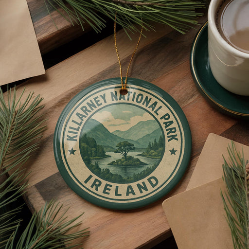 A circular ornament with the text "KILARNEY NATIONAL PARK IRELAND" and a scenic landscape of mountains and a lake, hanging on a wooden surface.