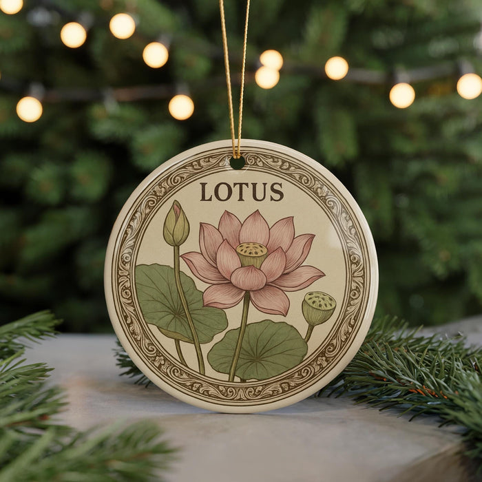 A round ornament with a floral design featuring a pink lotus flower and green leaves, hanging from a string.