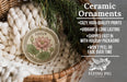 Ceramic ornaments, including a ceramic lotus ornament, are displayed in a woven basket.