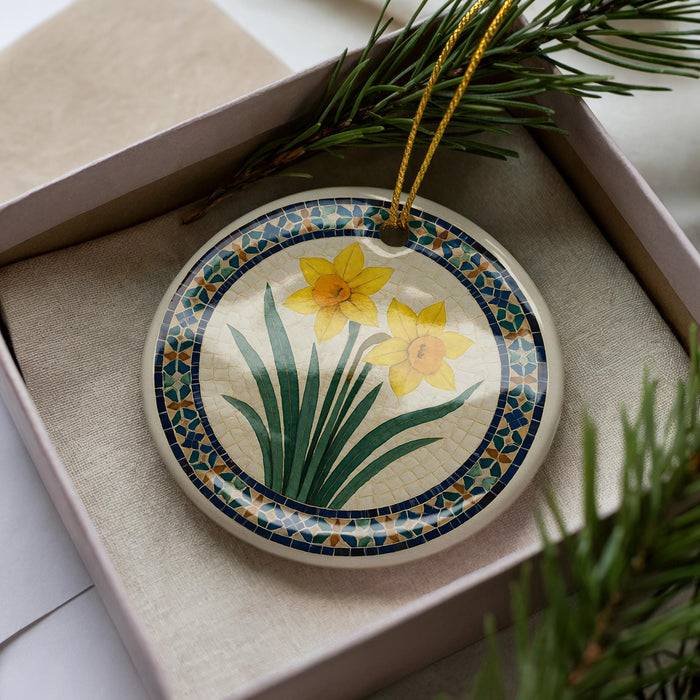 A decorative ceramic ornament with a floral design, featuring yellow flowers and green leaves, is displayed in a box with pine branches.
