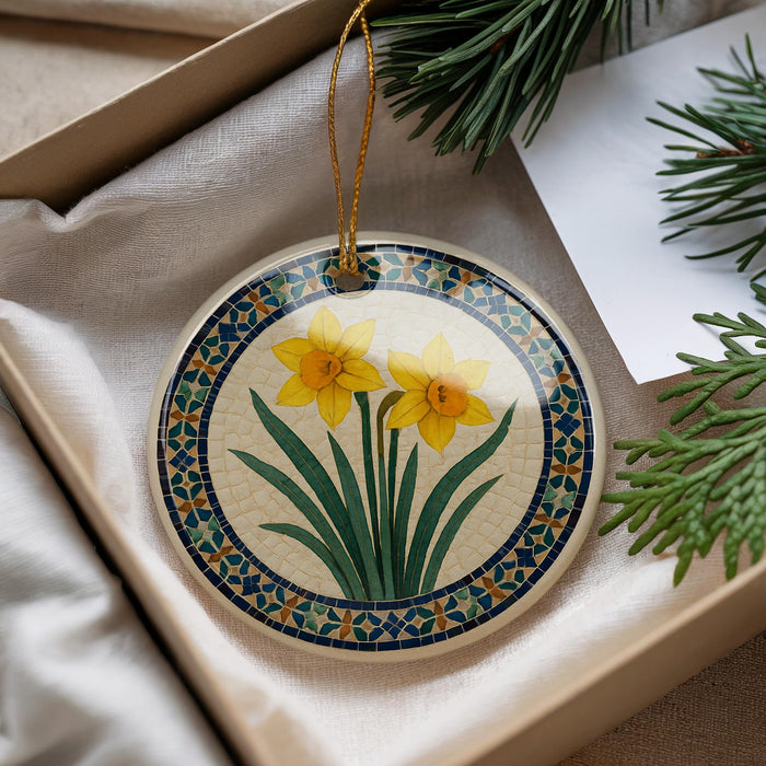 A decorative ceramic ornament with a floral design, featuring yellow daffodils, is displayed in a box with pine branches and a white card.