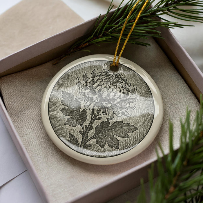 A decorative ornament in a box, featuring a chrysanthemum flower design.