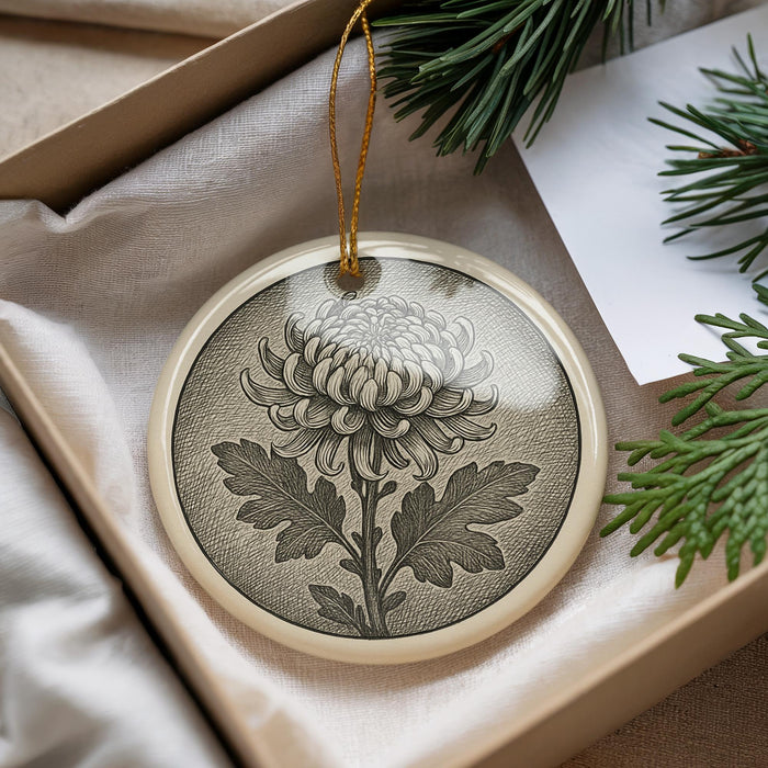 A decorative ornament featuring a chrysanthemum flower is displayed in a box, surrounded by pine branches and a white card.