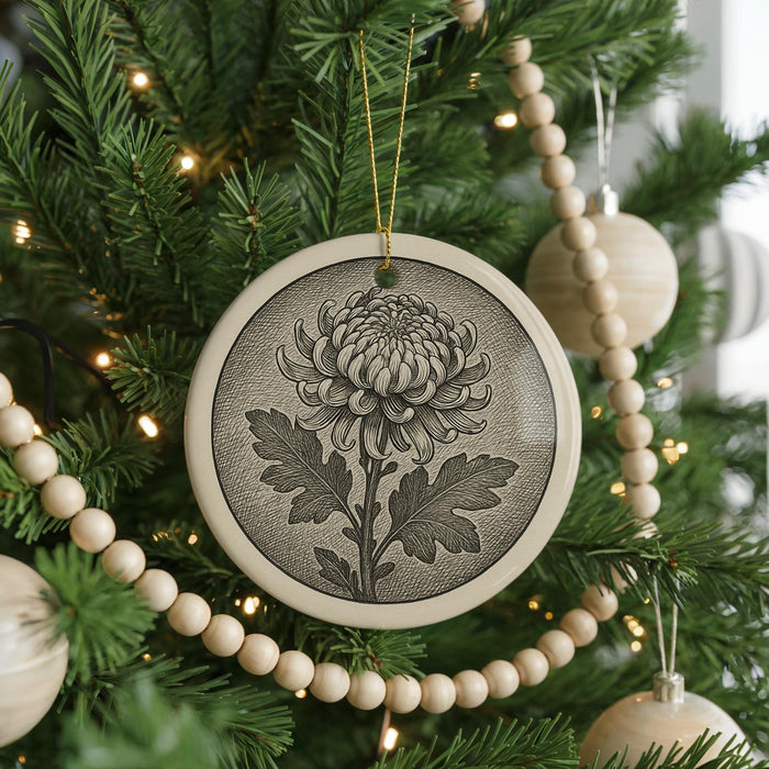 A Christmas tree decorated with ornaments, including a large chrysanthemum orchid ornament, wooden beads, and other ornaments.