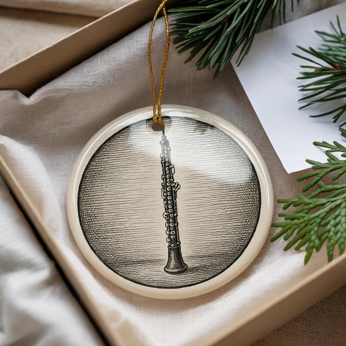 A circular ornament featuring a black and white illustration of a clarinet is displayed in a box, surrounded by pine branches.