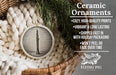 Ceramic ornaments, featuring a ceramic image of a clarinet, are displayed in a wicker basket. The image is accompanied by text describing the ornaments as "cozy, high-quality prints", "vibrant and long lasting", "shipped fast in with holiday packaging", and "won't peel or fade over time". The image also includes a logo for "FLYING PIG" and a scale indicating the size of the ornaments is "-2.8in".
