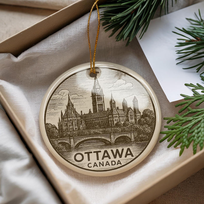 A circular ornament with a drawing of the Canadian Parliament building in Ottawa, Canada, hanging from a string.