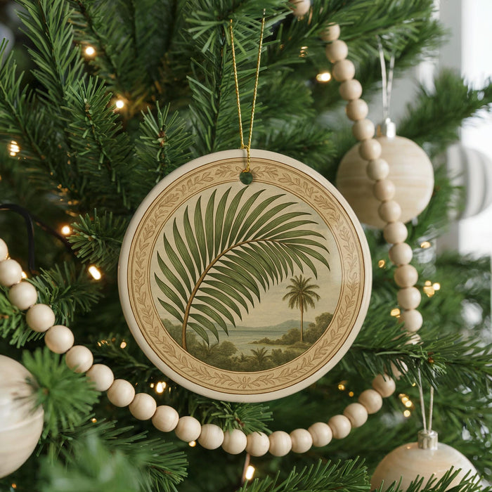 A round ornament with a palm tree design hangs from a Christmas tree, surrounded by other ornaments and lights.
