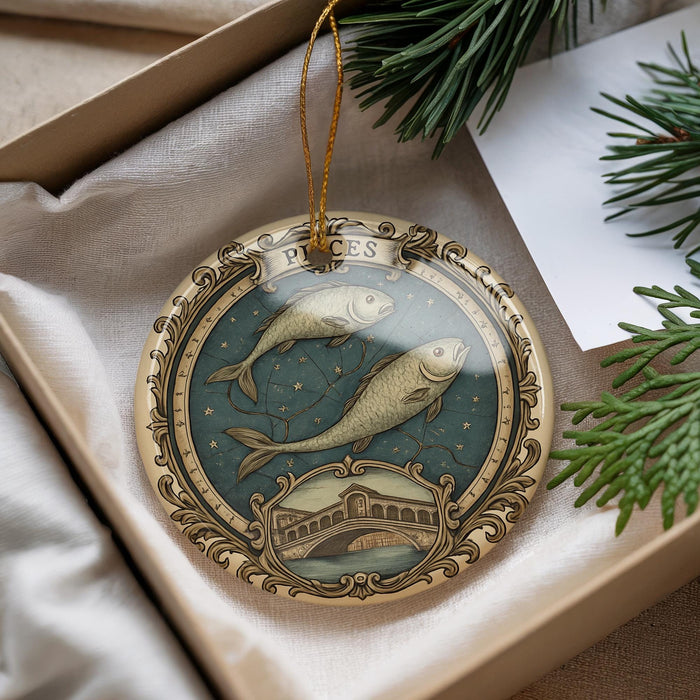 A decorative ornament with a fish design and the word "PIECES" on it, hanging from a string.