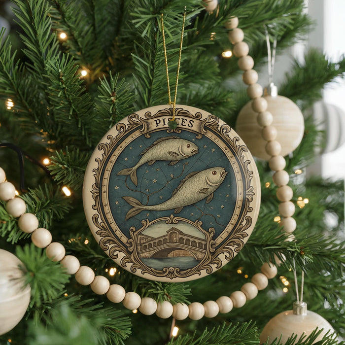 A decorative ornament with a fish design hangs on a Christmas tree, surrounded by lights and ornaments.