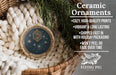 Ceramic ornaments, including a round ornament with a starry night sky design and the word "Pleiades", are displayed in a wicker basket.