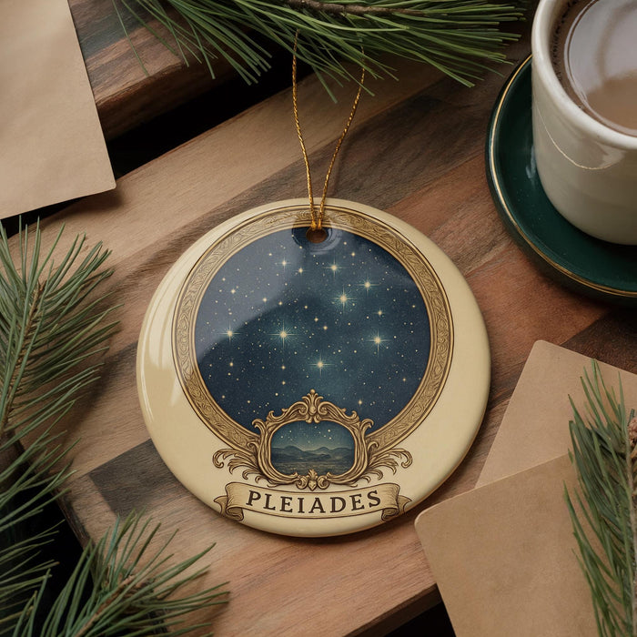 A decorative ornament with a starry night sky design and the word "PLEIADES" on it, placed on a wooden surface next to a cup of coffee and some pine branches.