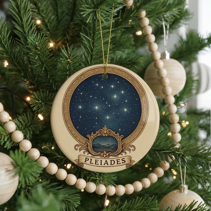 A Christmas tree decorated with ornaments, including a circular ornament with a starry night sky design and the word "Pleiades" written on it.