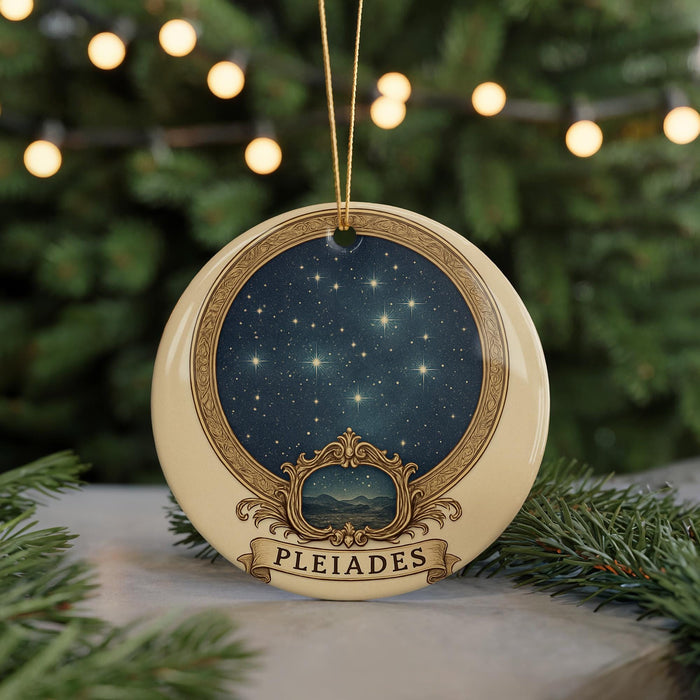 A round ornament with a starry night sky design and the word "PLEIADES" written on it, hanging from a string.