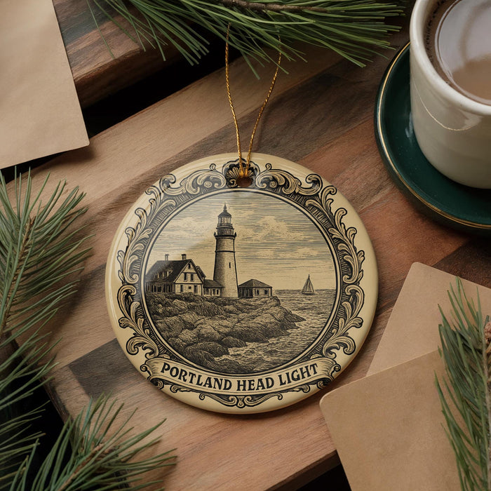 A decorative ornament featuring a lighthouse and a coastal scene, with the text "PORTLAND HEAD LIGHT" around the edge.