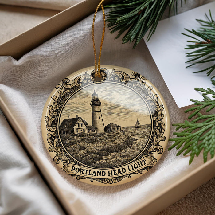 A decorative ornament featuring a lighthouse and a coastal scene, with the text "PORTLAND HEAD LIGHT" around the edge.