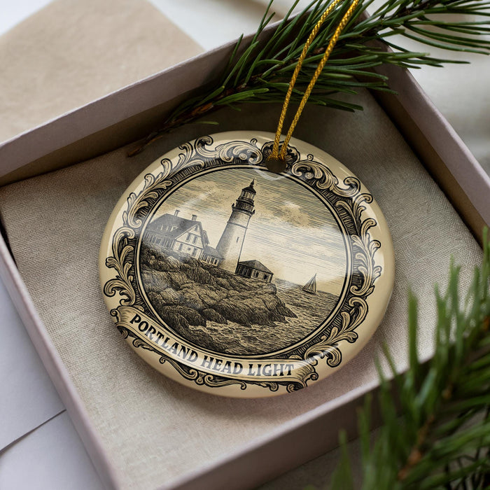 A decorative ornament featuring a lighthouse and a coastal scene, placed in a box with pine branches.