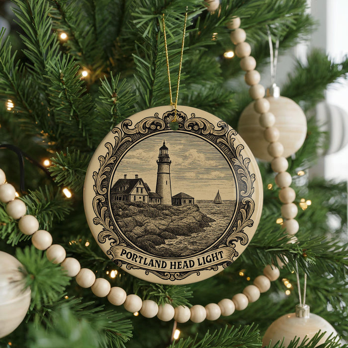 A Christmas tree decorated with ornaments, including a circular ornament featuring a lighthouse and the text "PORTLAND HEAD LIGHT".