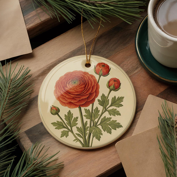 a round ceramic ornament with a floral design, including a large red rose surrounded by green leaves, placed on a wooden surface.