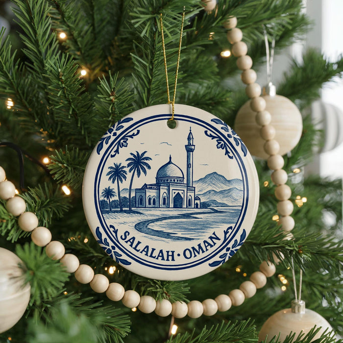 A Christmas tree decorated with ornaments, including a circular ornament with a blue and white design depicting a mosque and palm trees, surrounded by white beads.