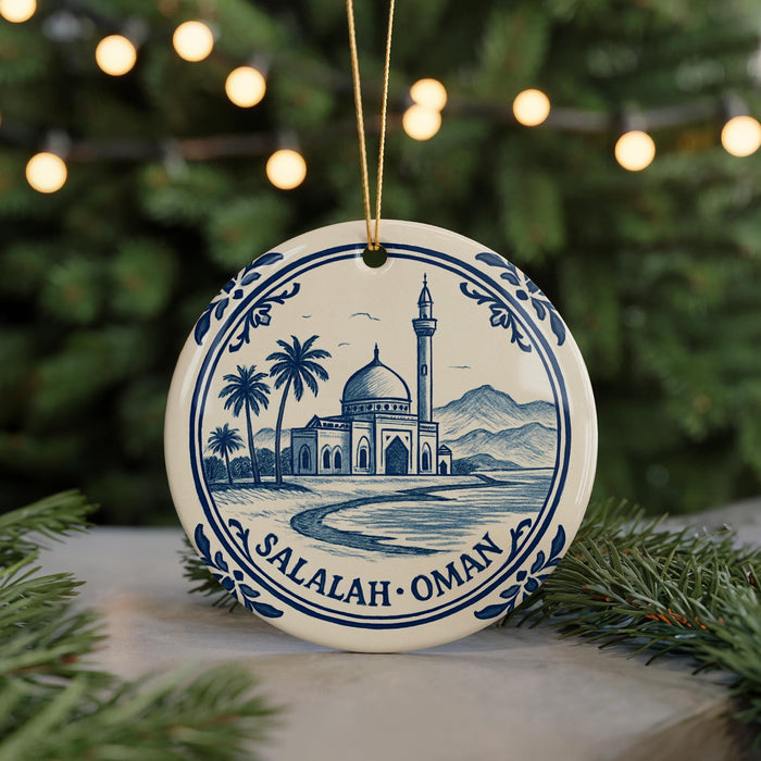 A ceramic ornament featuring a mosque and palm trees, with the text "Salalah - Oman" around the edge.