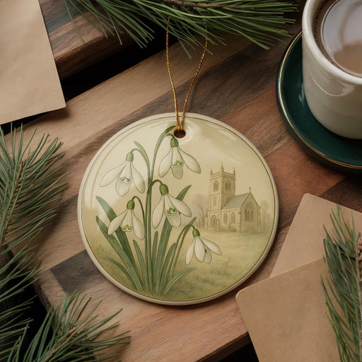 A decorative ornament featuring a floral design with white flowers and a church in the background, placed on a wooden surface alongside a cup of coffee and some papers.