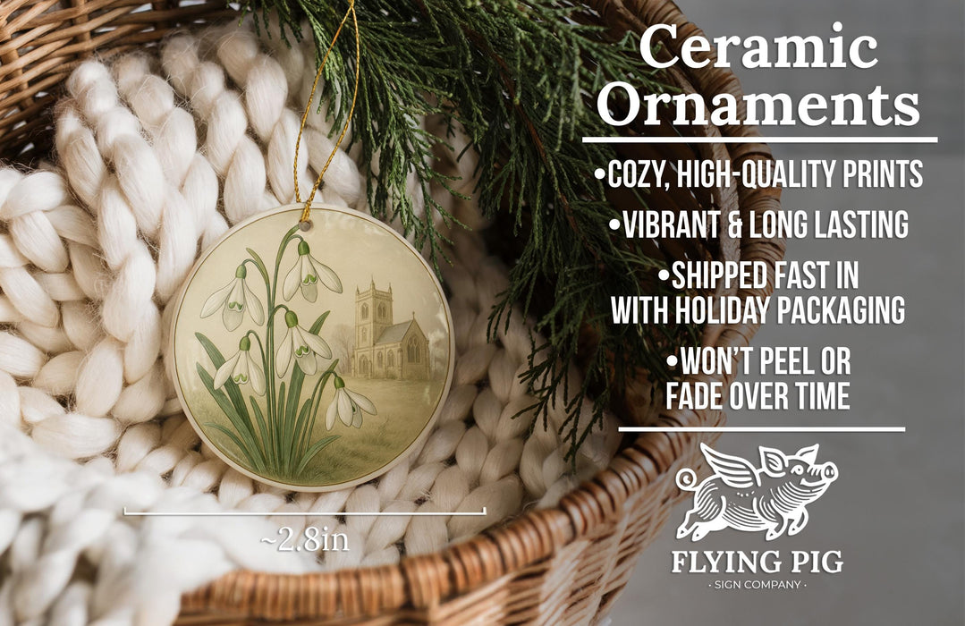 Ceramic ornaments, featuring a ceramic ornament with a floral design, are displayed in a woven basket.