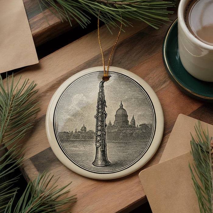 A ceramic ornament featuring a saxophone is displayed on a wooden surface, accompanied by a cup of coffee and some pine branches.