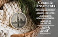 Ceramic ornaments, featuring a detailed image of a saxophone, are displayed in a wicker basket. The text highlights the ornaments as "Ceramic Ornaments" with features such as "Cozy, high-quality prints", "Vibrant & long lasting", "Shipped fast in with holiday packaging", and " Won't peel or fade over time". The image also includes a scale for size comparison and the logo of "Flying Pig - SIGN COMPANY".