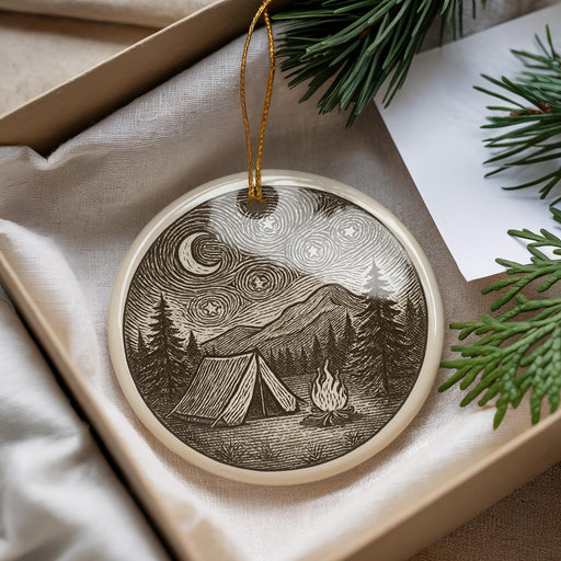 A decorative ornament featuring a camping scene with a tent, campfire, and mountains in the background, hanging from a string.