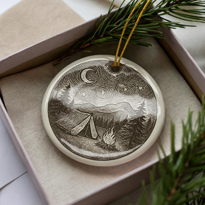 A ceramic ornament depicting a camping scene with a tent, campfire, and mountains in the background, hanging from a string.