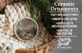 Ceramic ornaments, featuring a night sky scene with a tent and campfire, are displayed in a woven basket.
