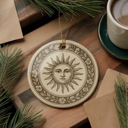 a decorative ceramic ornament with a sun design, placed on a wooden surface alongside a cup of coffee and some pine branches.