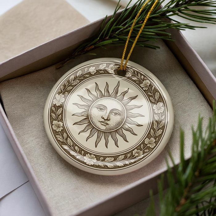 A decorative ceramic ornament with a sun design is displayed in a box, surrounded by pine branches.