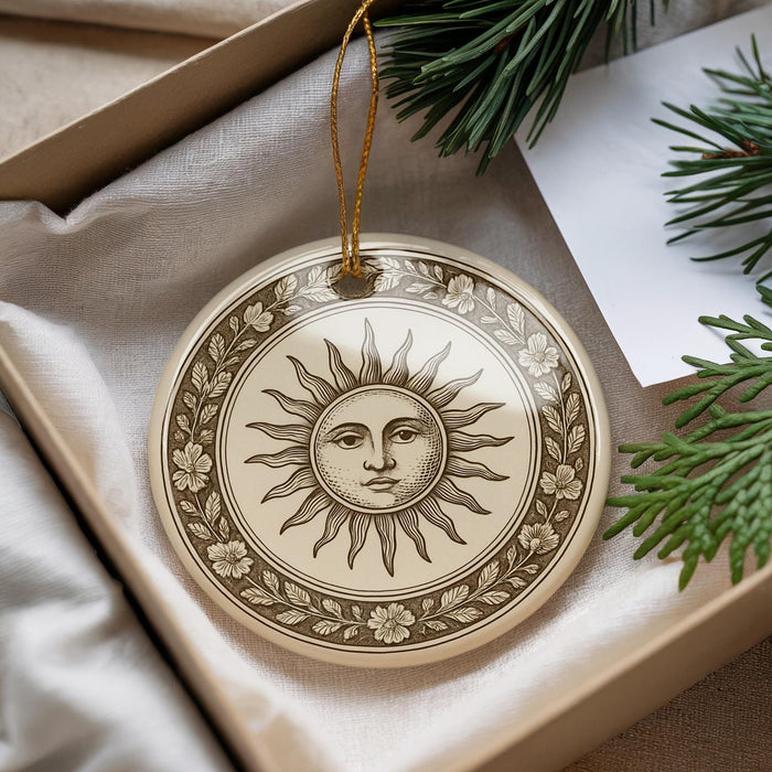 A decorative ornament with a sun design is placed in a box, surrounded by pine branches and greenery.