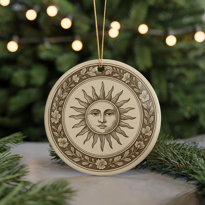 A round ornament with a sun design is hanging from a string, surrounded by pine branches and twinkling lights in the background.