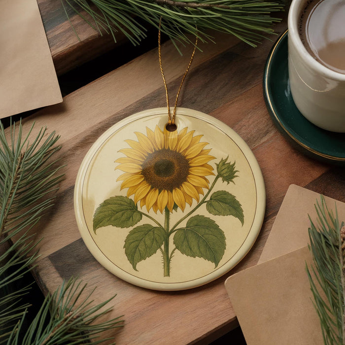 a round ceramic ornament with a sunflower design, placed on a wooden surface alongside a cup of coffee and some pine branches.