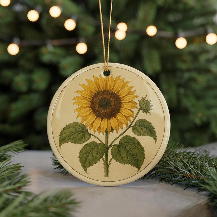 A round ornament featuring a sunflower is displayed in the center of the image, surrounded by pine branches and twinkling lights in the background.