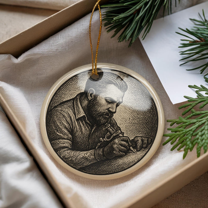 A round ornament featuring a man engraving a piece of wood, with a pine branch and a white card visible in the background.