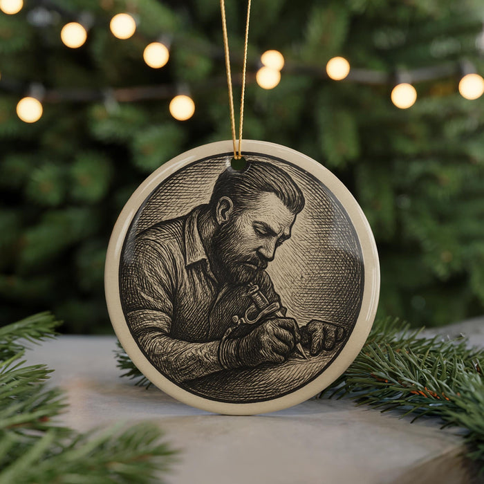 A circular ornament featuring a detailed engraved image of a man with a beard, sitting at a table and holding a book.