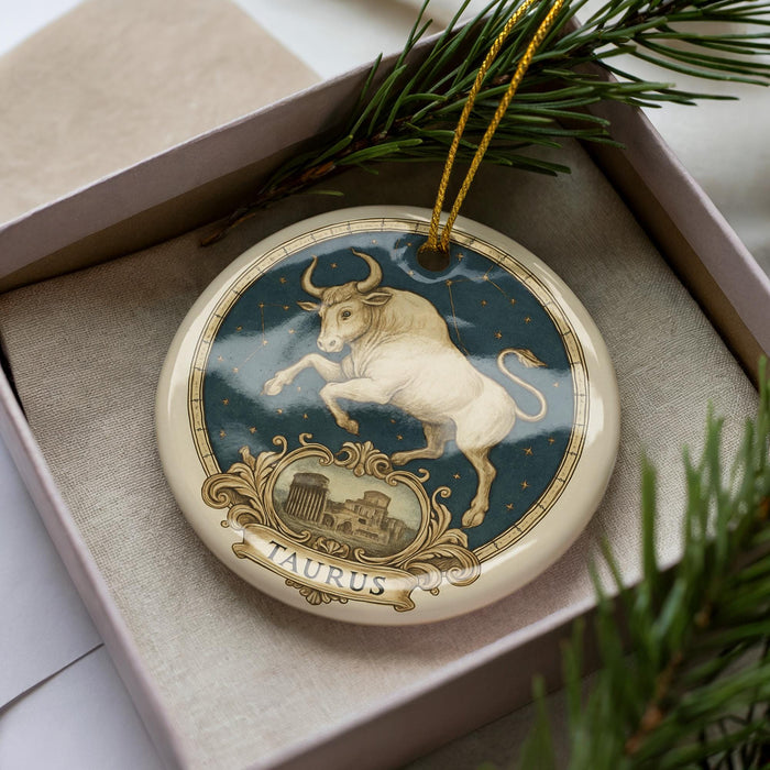 A decorative ornament in the shape of a bull, with the word "Taurus" written on it, is displayed in a box surrounded by pine branches.