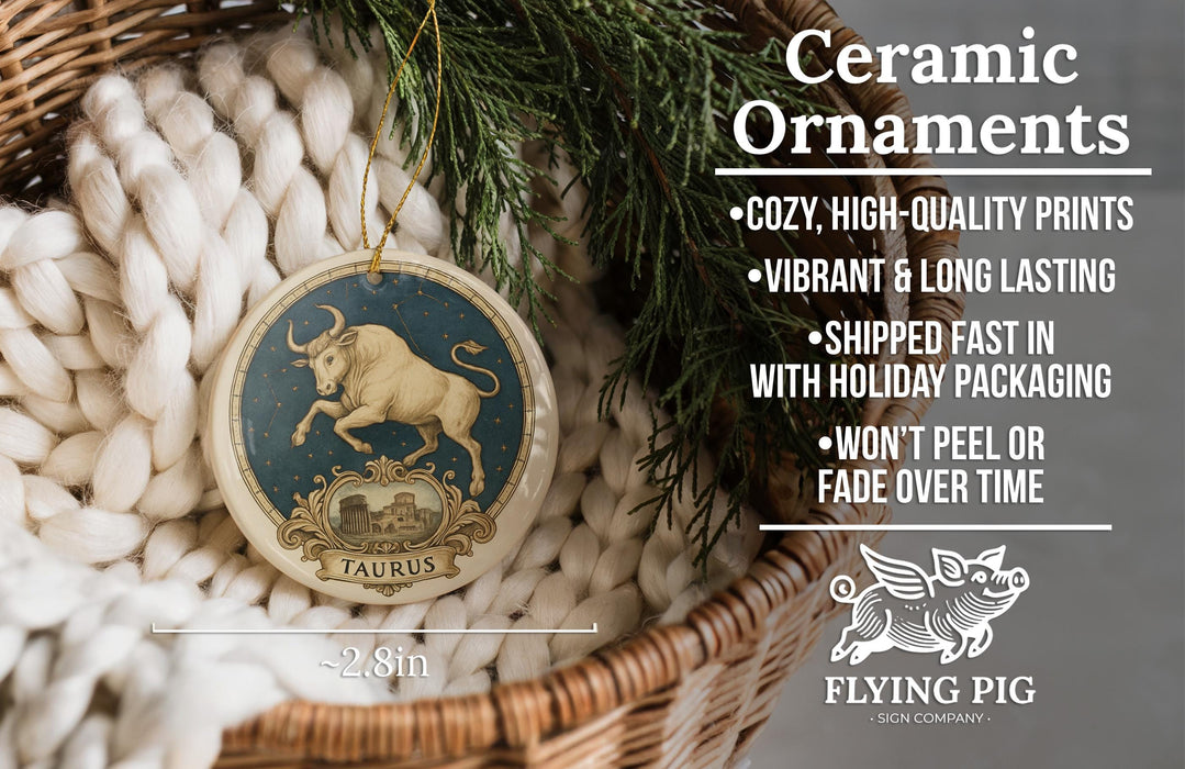 Ceramic ornaments, specifically a Taurus zodiac sign ornament, are displayed in a wicker basket.
