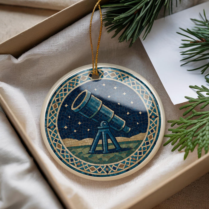 A decorative ornament in a box, featuring a telescope and a starry night sky design.