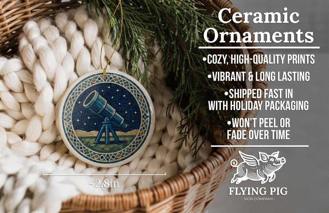 Ceramic ornaments, featuring a telescope design, are displayed in a woven basket.