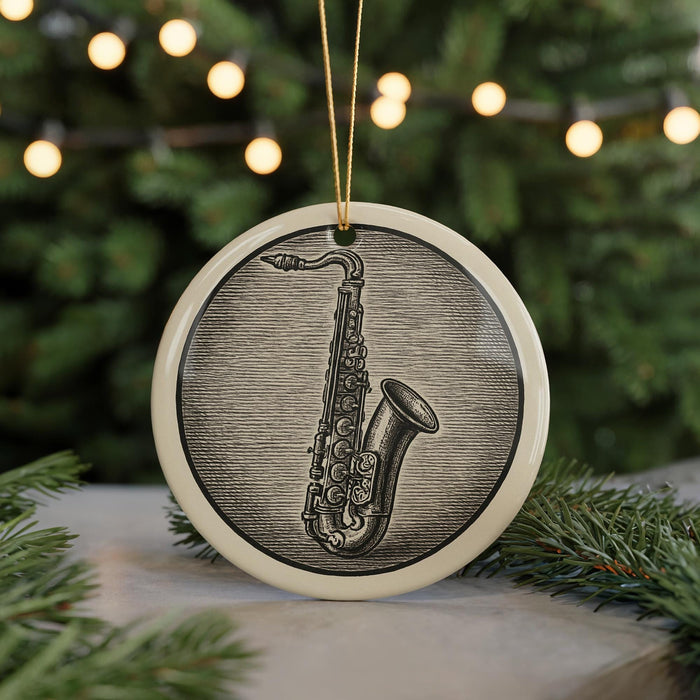A ceramic ornament featuring a saxophone is displayed on a table, with a blurred background of a Christmas tree and twinkling lights.