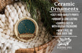 Ceramic ornaments, including a starry night sky ornament, are displayed in a wicker basket.